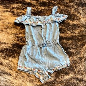 Lucky Brand Kids denim romper with cold shoulder and embroidery detail.